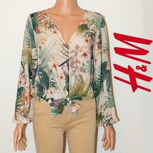 Tropical Bird and Floral Print on Front-Knot Detail Button Down Shirt | H&M Sz 8